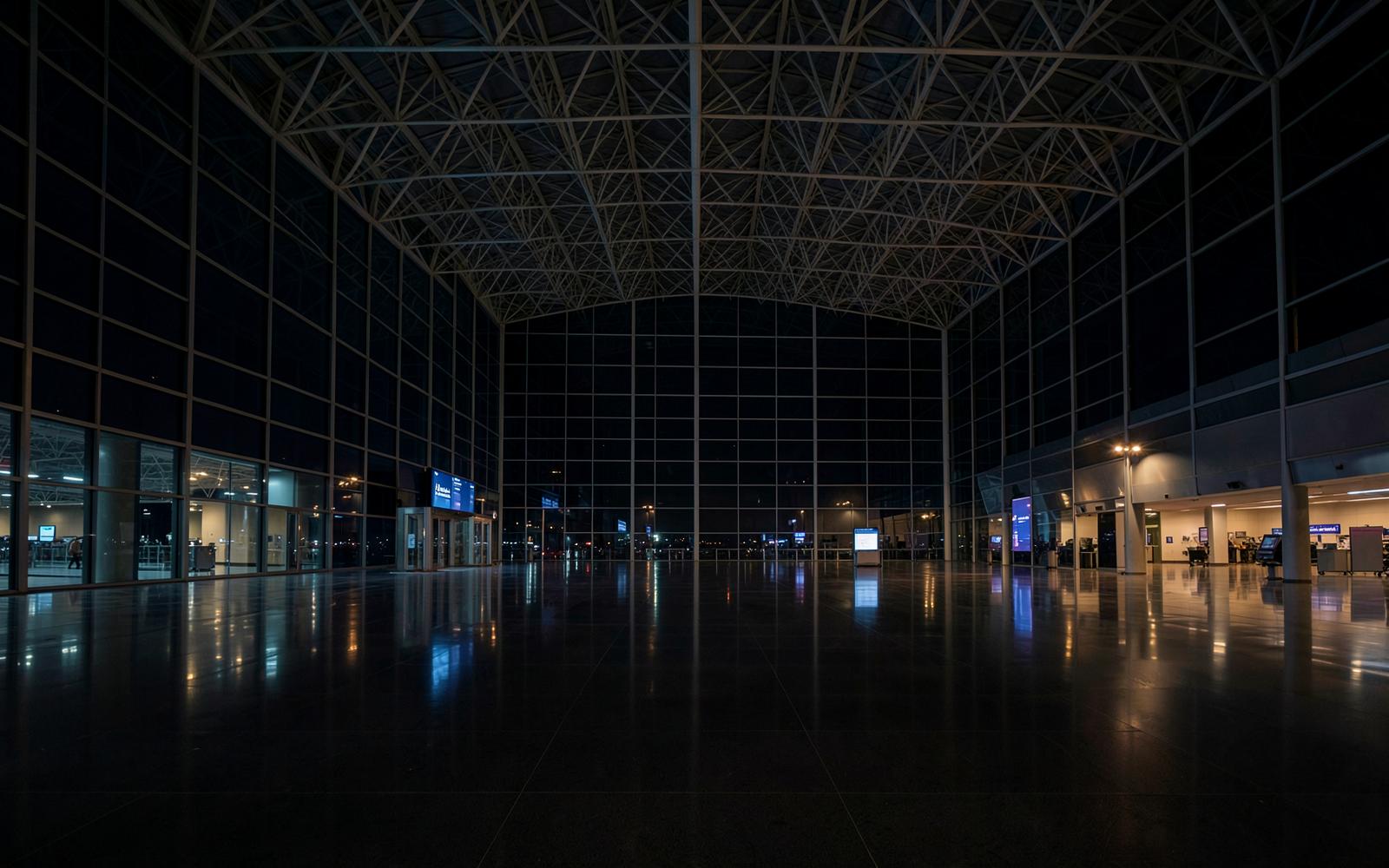 A modern airport terminal at night
